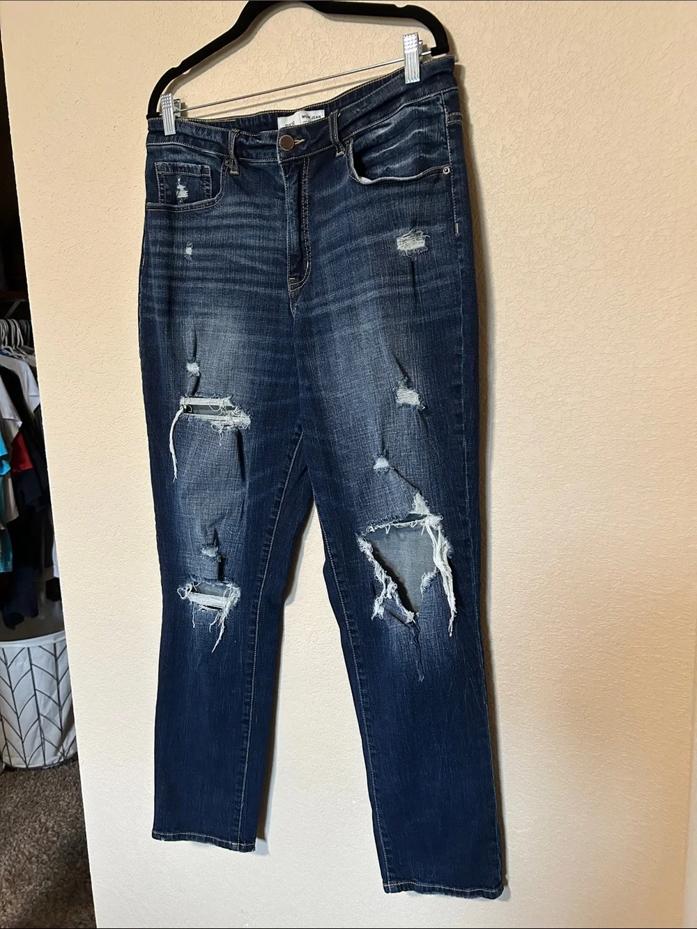BKE Denim High Rise Distressed Straight Leg Jeans Size 32 Dark Wash Y2K